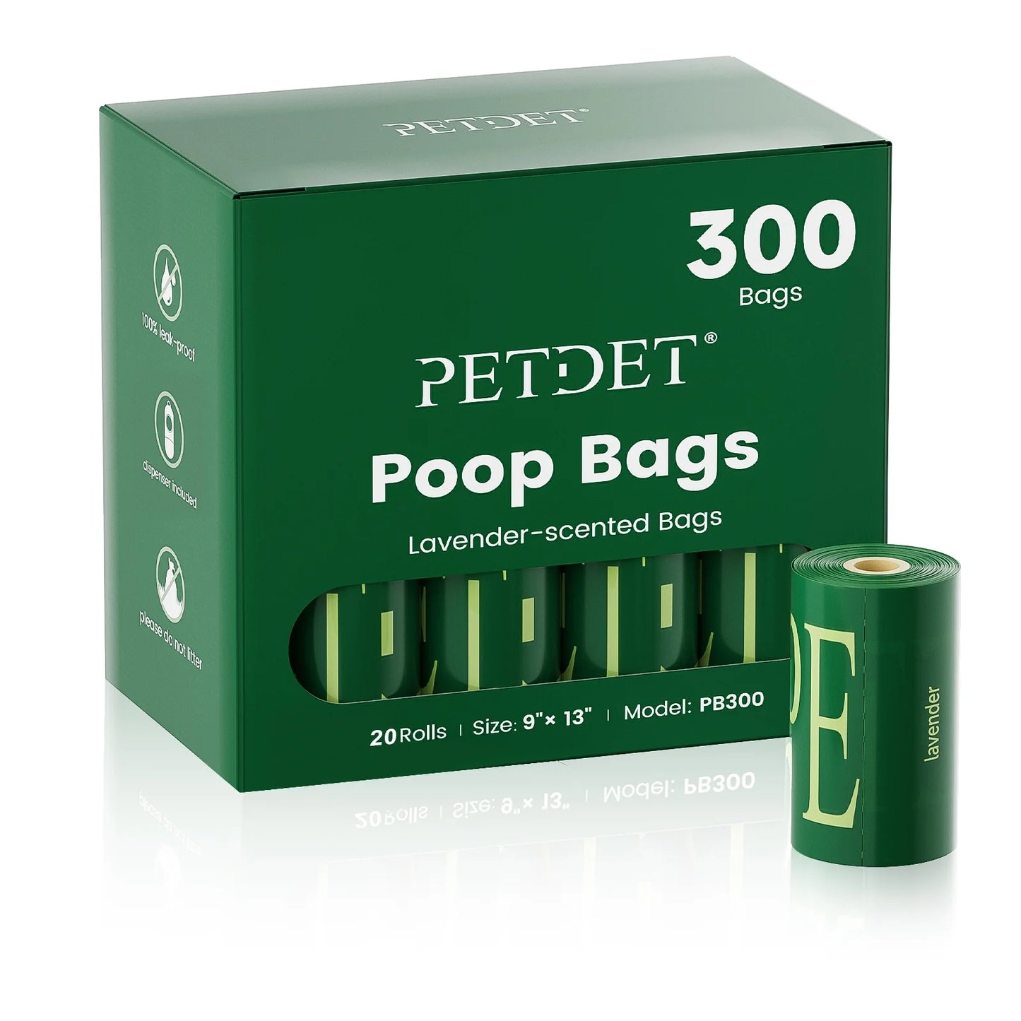Dog Poop Bags - 300 Count, Extra Thick Waste Bags for Pets, Lavender Scented, 1 Dispenser, Green