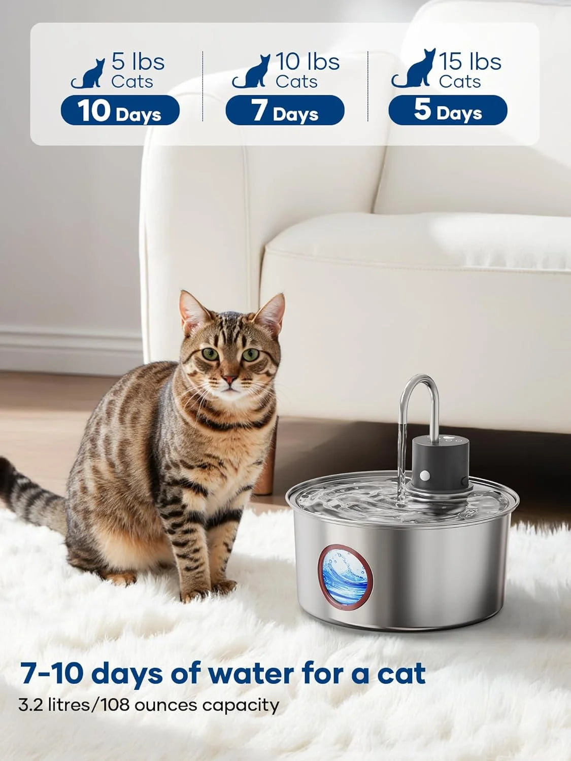 Tomxcute 108Oz/3.2L Wireless Cat Water Fountain, Cordless Stainless Steel Cat Drinking Fountain, Rechargeable Fountain with Sensor Timer for Cats