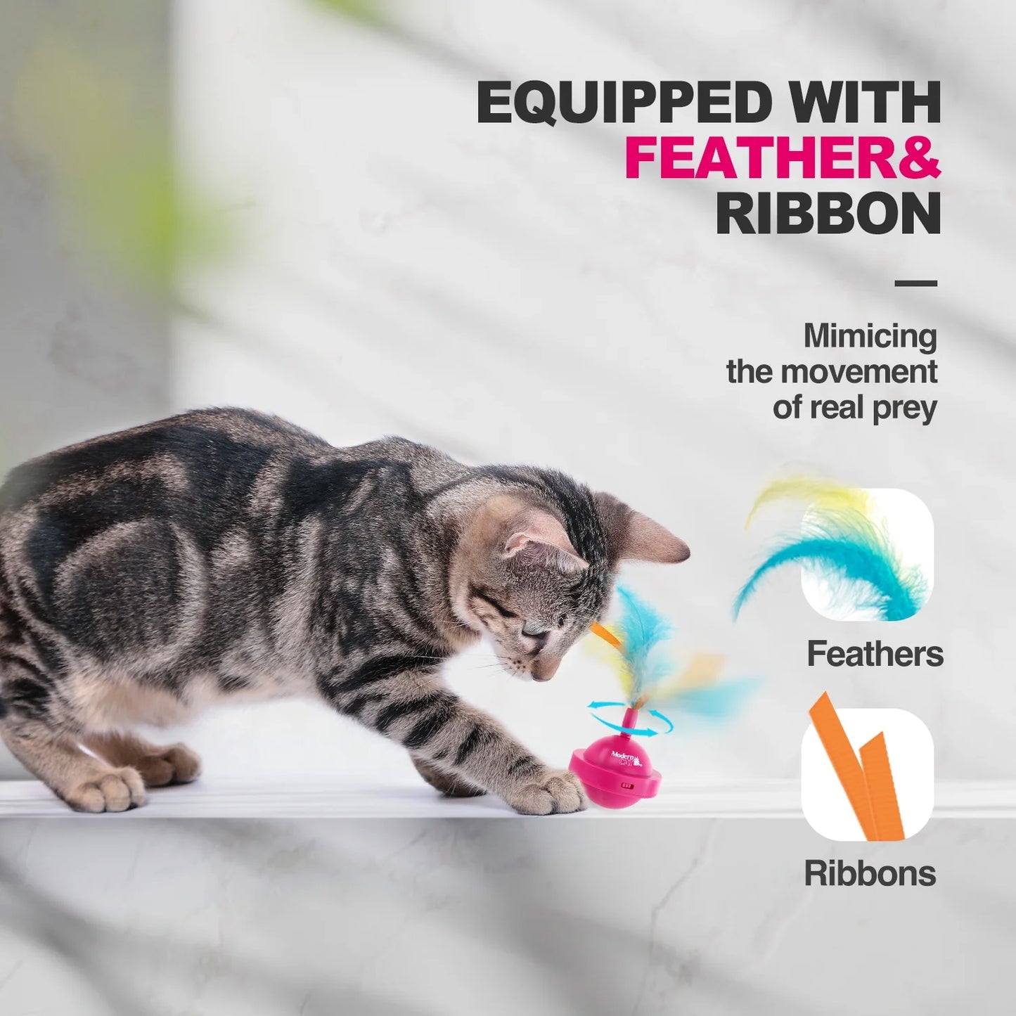 Interactive Cat Toys Ball, Automatic Feather Cat Teaser Toy for Indoor Kitty, USB Rechargeable, Pink