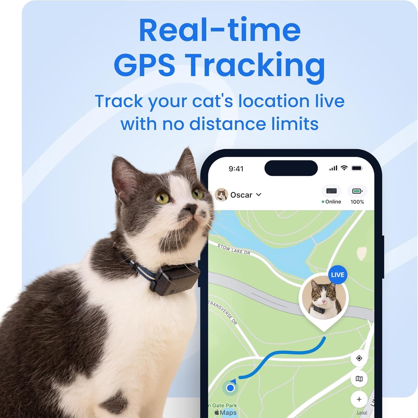GPS Cat Mini Tracker - Real-Time Tracking, Health Monitoring, Virtual Fences for Cats 6.5+ lbs, 5-Day Battery, Waterproof (Purple)