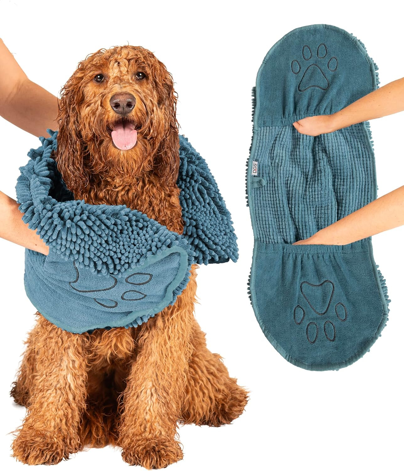the Dirty Dog Shammy - Fast Drying Plush Shammy Towel with Dual Hand Pockets and Elastic - Super Absorbent Microfiber and Machine Washable - Pacific Blue