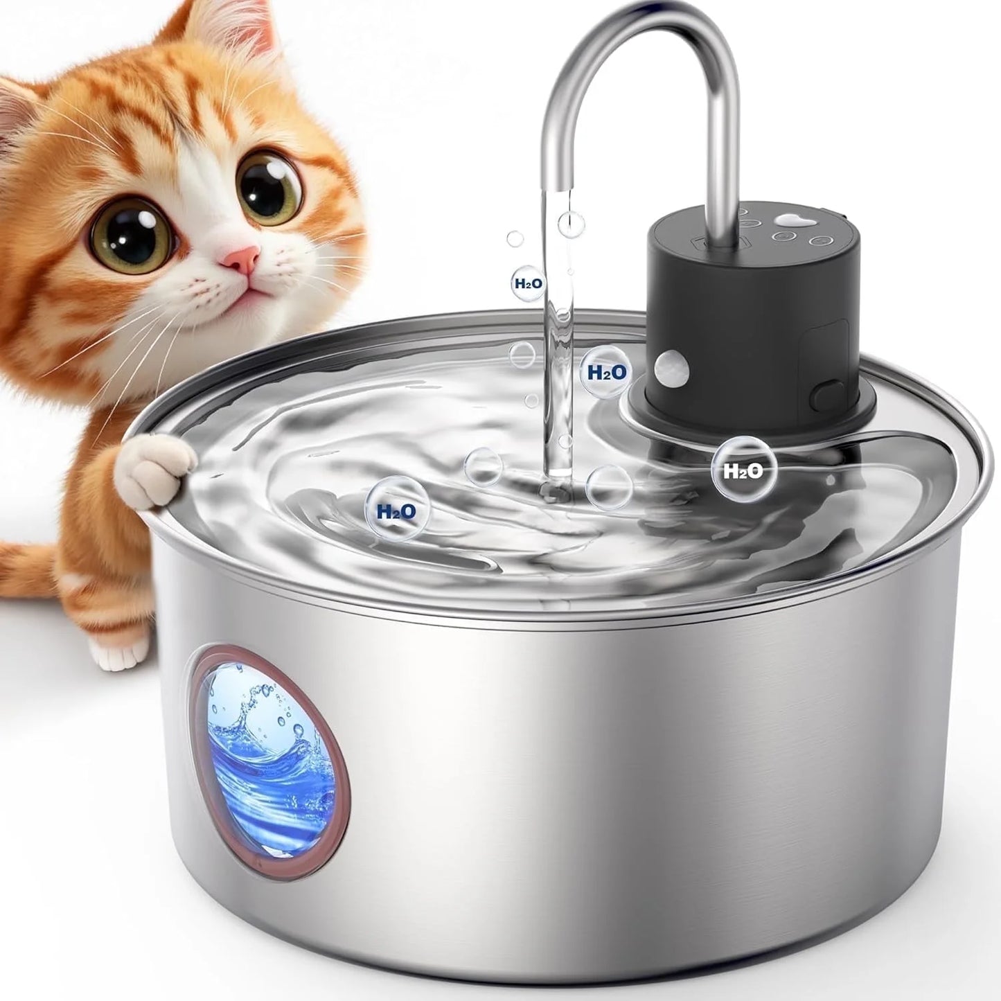 Tomxcute 108Oz/3.2L Wireless Cat Water Fountain, Cordless Stainless Steel Cat Drinking Fountain, Rechargeable Fountain with Sensor Timer for Cats
