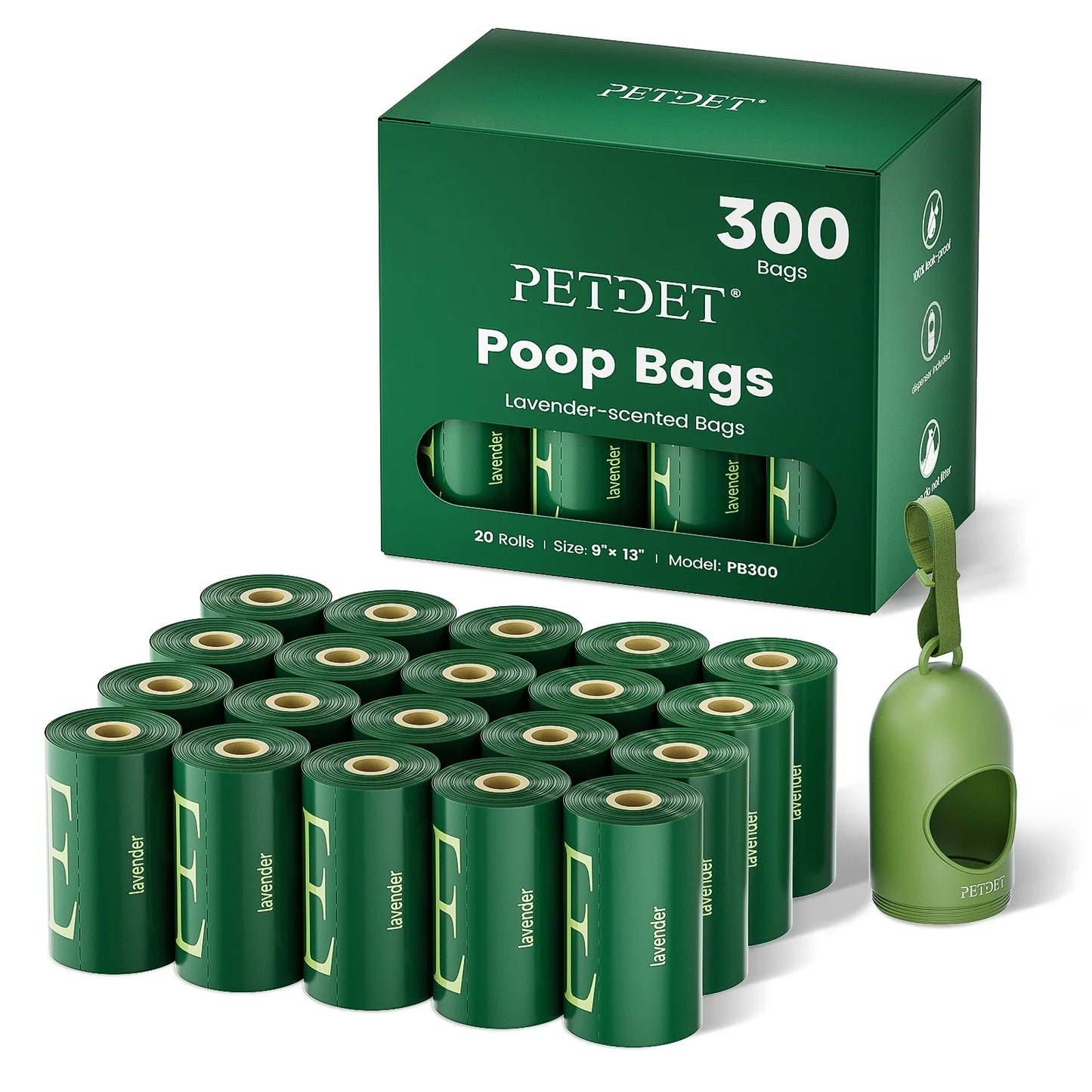 Dog Poop Bags - 300 Count, Extra Thick Waste Bags for Pets, Lavender Scented, 1 Dispenser, Green