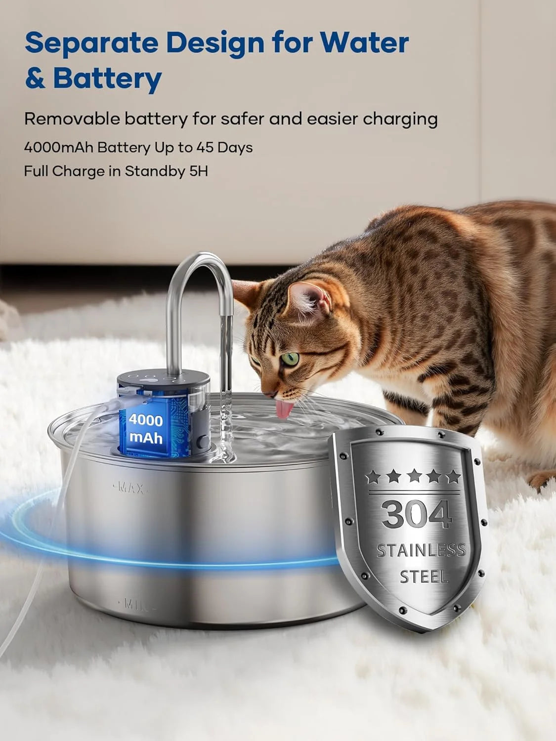 Tomxcute 108Oz/3.2L Wireless Cat Water Fountain, Cordless Stainless Steel Cat Drinking Fountain, Rechargeable Fountain with Sensor Timer for Cats
