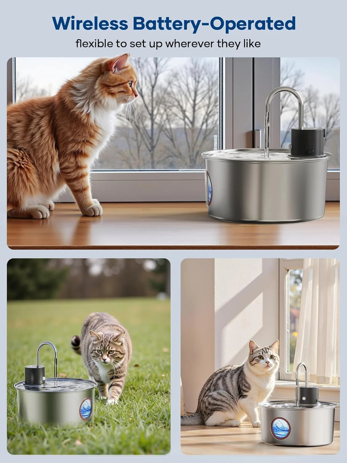Tomxcute 108Oz/3.2L Wireless Cat Water Fountain, Cordless Stainless Steel Cat Drinking Fountain, Rechargeable Fountain with Sensor Timer for Cats