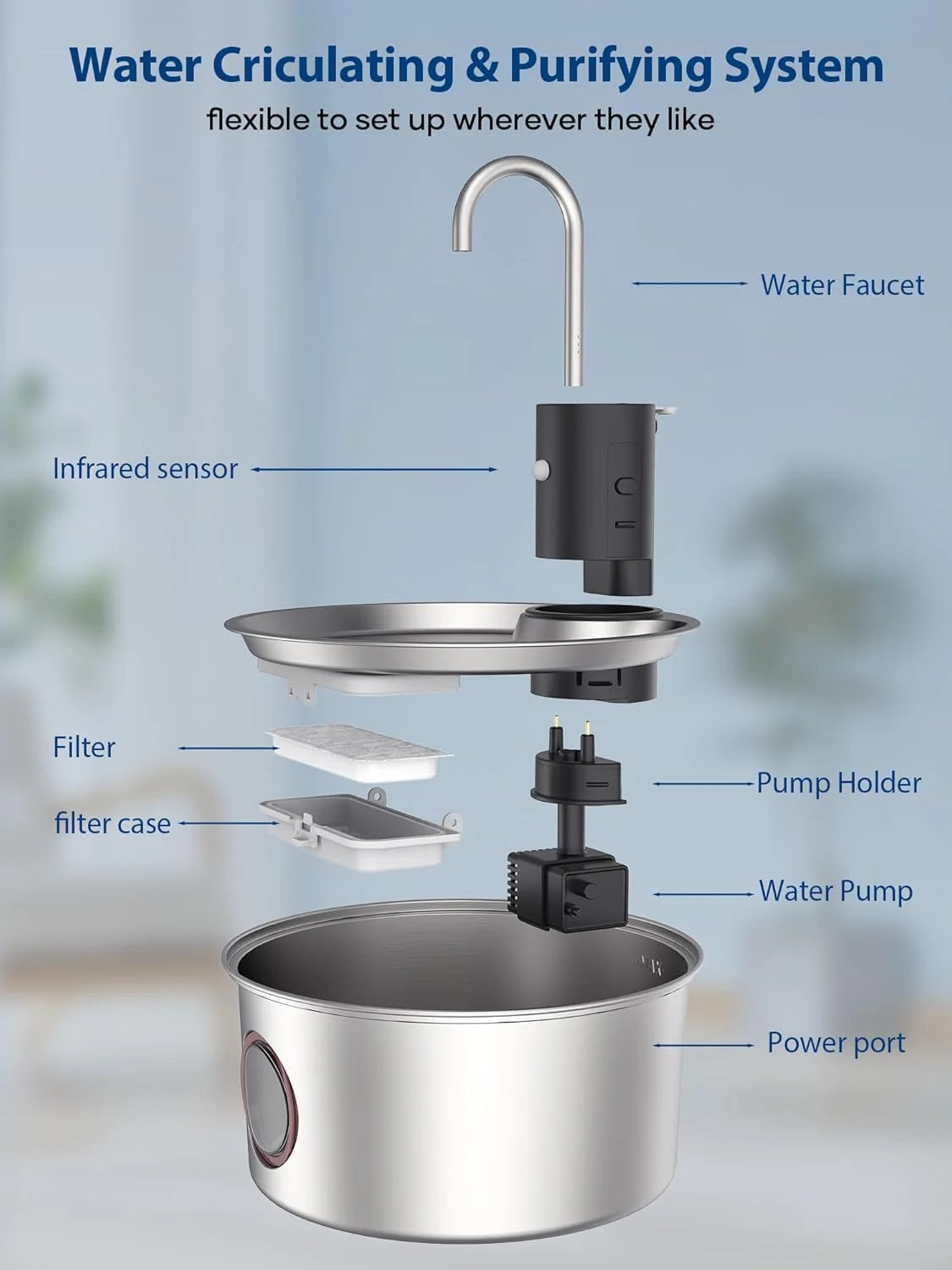 Tomxcute 108Oz/3.2L Wireless Cat Water Fountain, Cordless Stainless Steel Cat Drinking Fountain, Rechargeable Fountain with Sensor Timer for Cats