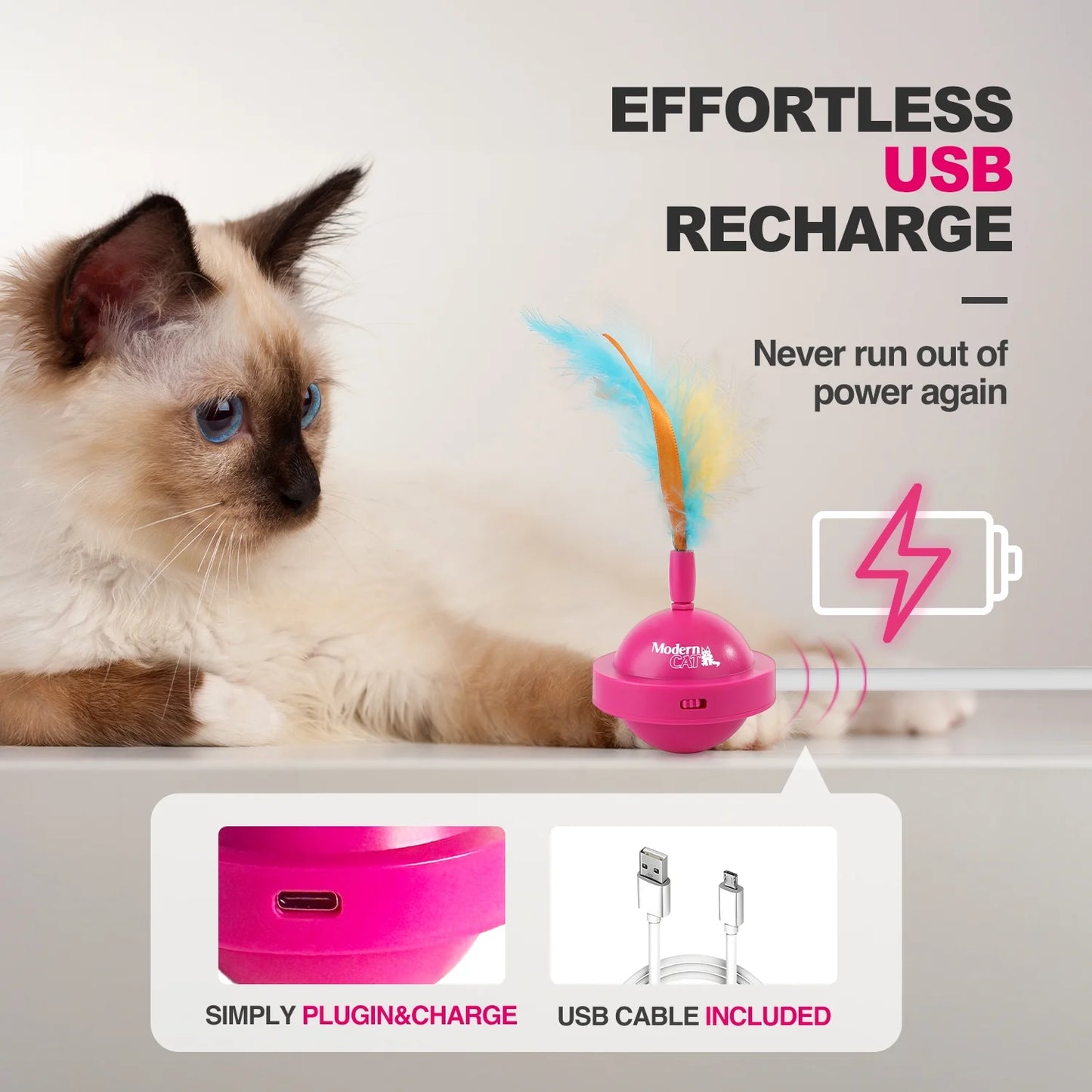 Interactive Cat Toys Ball, Automatic Feather Cat Teaser Toy for Indoor Kitty, USB Rechargeable, Pink