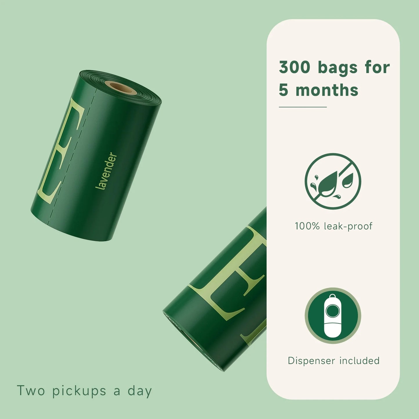 Dog Poop Bags - 300 Count, Extra Thick Waste Bags for Pets, Lavender Scented, 1 Dispenser, Green