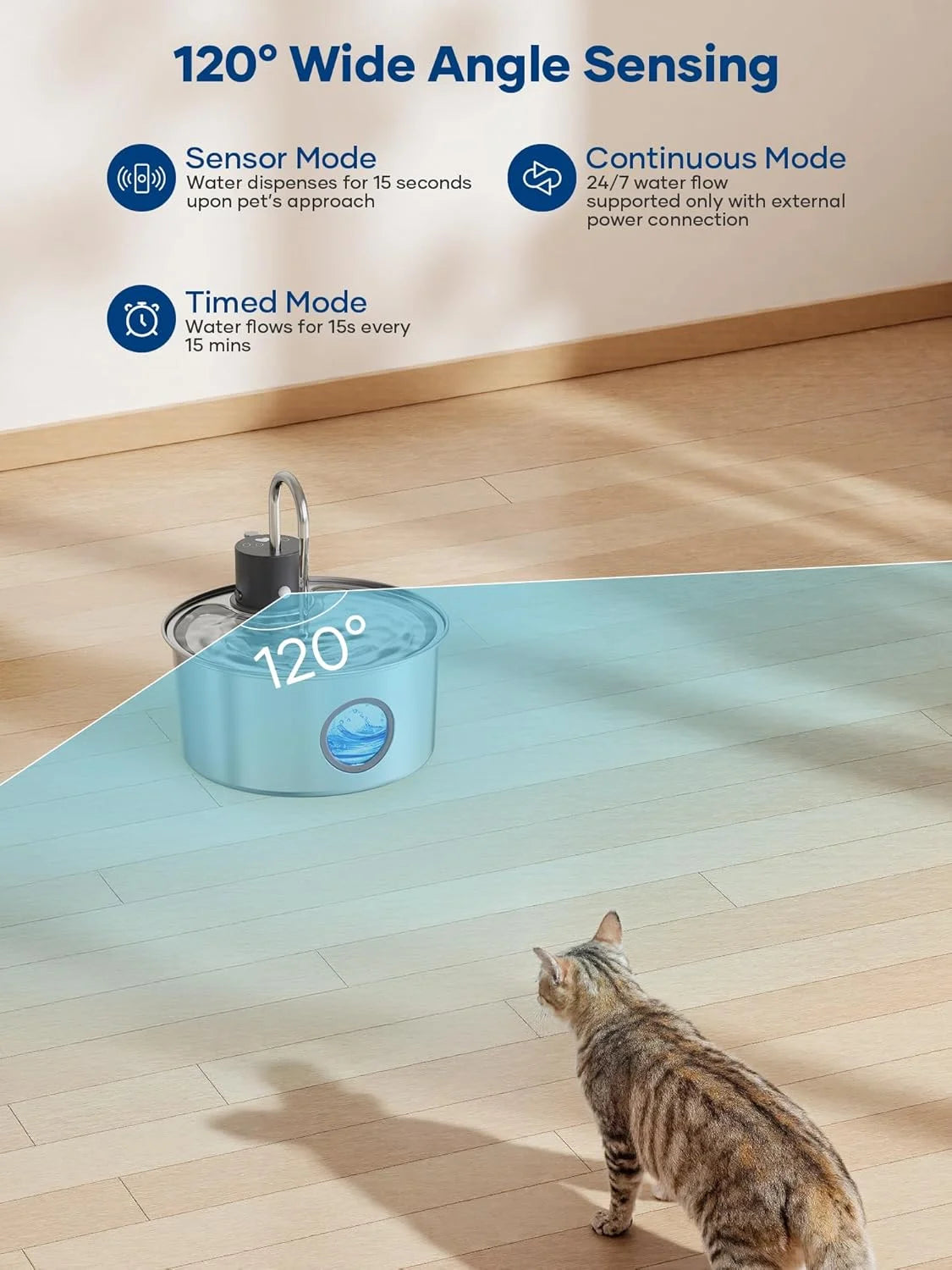 Tomxcute 108Oz/3.2L Wireless Cat Water Fountain, Cordless Stainless Steel Cat Drinking Fountain, Rechargeable Fountain with Sensor Timer for Cats