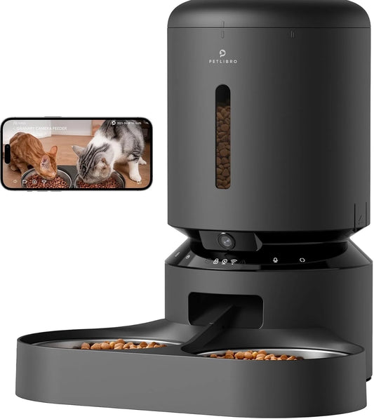 Granary Automatic Two Cat with Camera Cat & Dog Feeder + 3 Pet Food Desiccant Bags, 5-L, Black