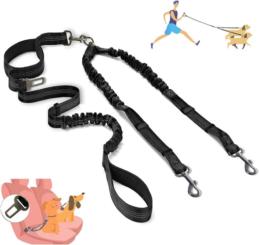 PetGadgetz Zhilishu Dual 360° No-Tangle Double Dog Leash & Seat Belt Shock-Absorbing Bungee Coupler with 2 Padded Handles – Adjustable Tangle-Free for Small to Large Dogs (Black)
