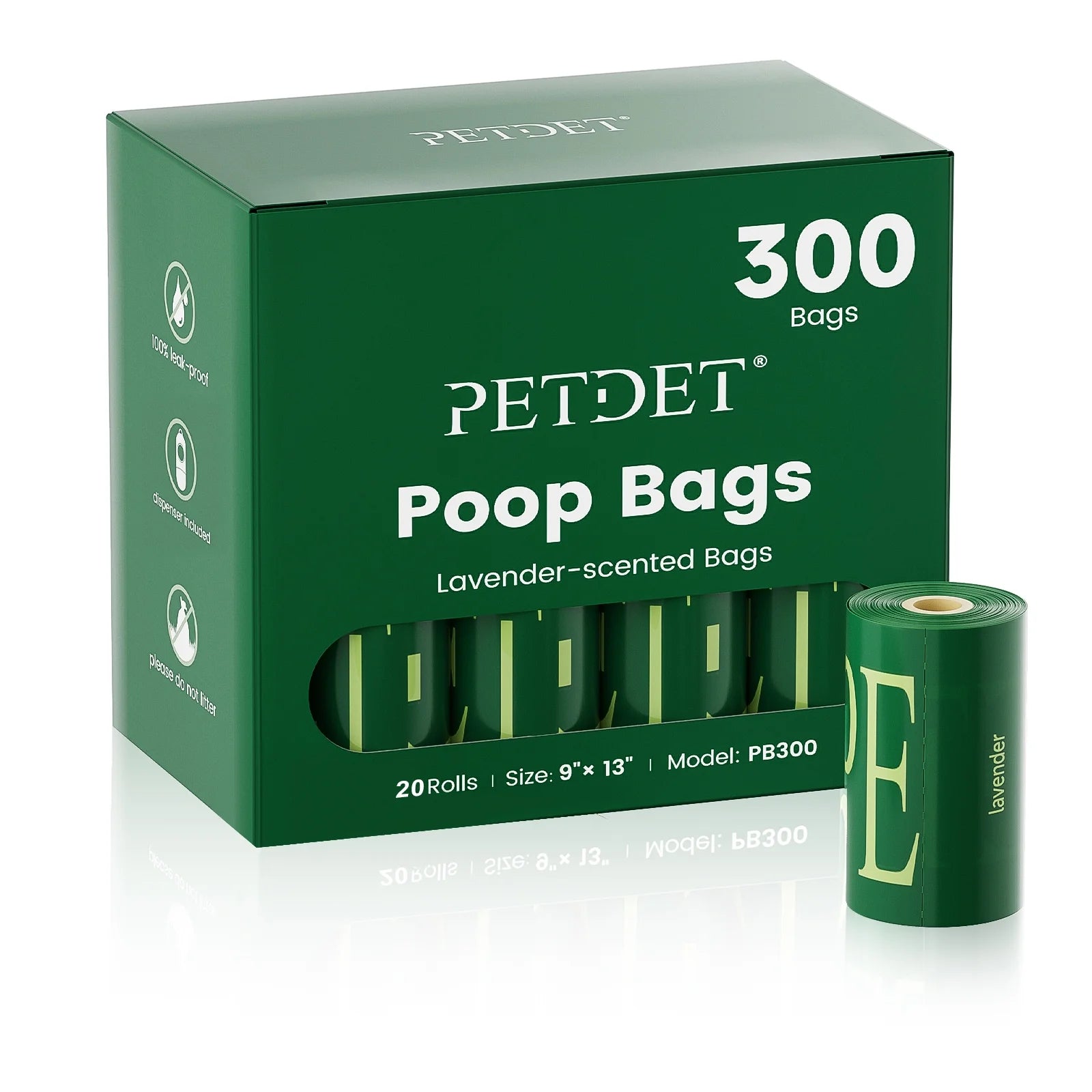Dog Poop Bags - 300 Count, Extra Thick Waste Bags for Pets, Lavender Scented, 1 Dispenser, Green