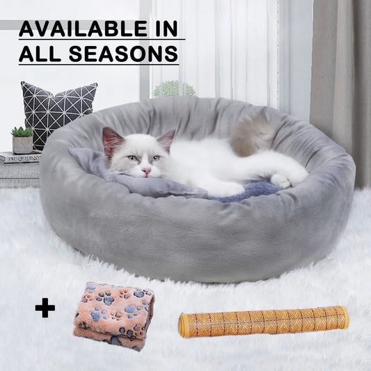 PetGadgetz Cozy Round Calming Pet Bed All-Season Donut Cuddler with Pillow, Blanket & Summer Mat – Perfect for Cats & Small Dogs