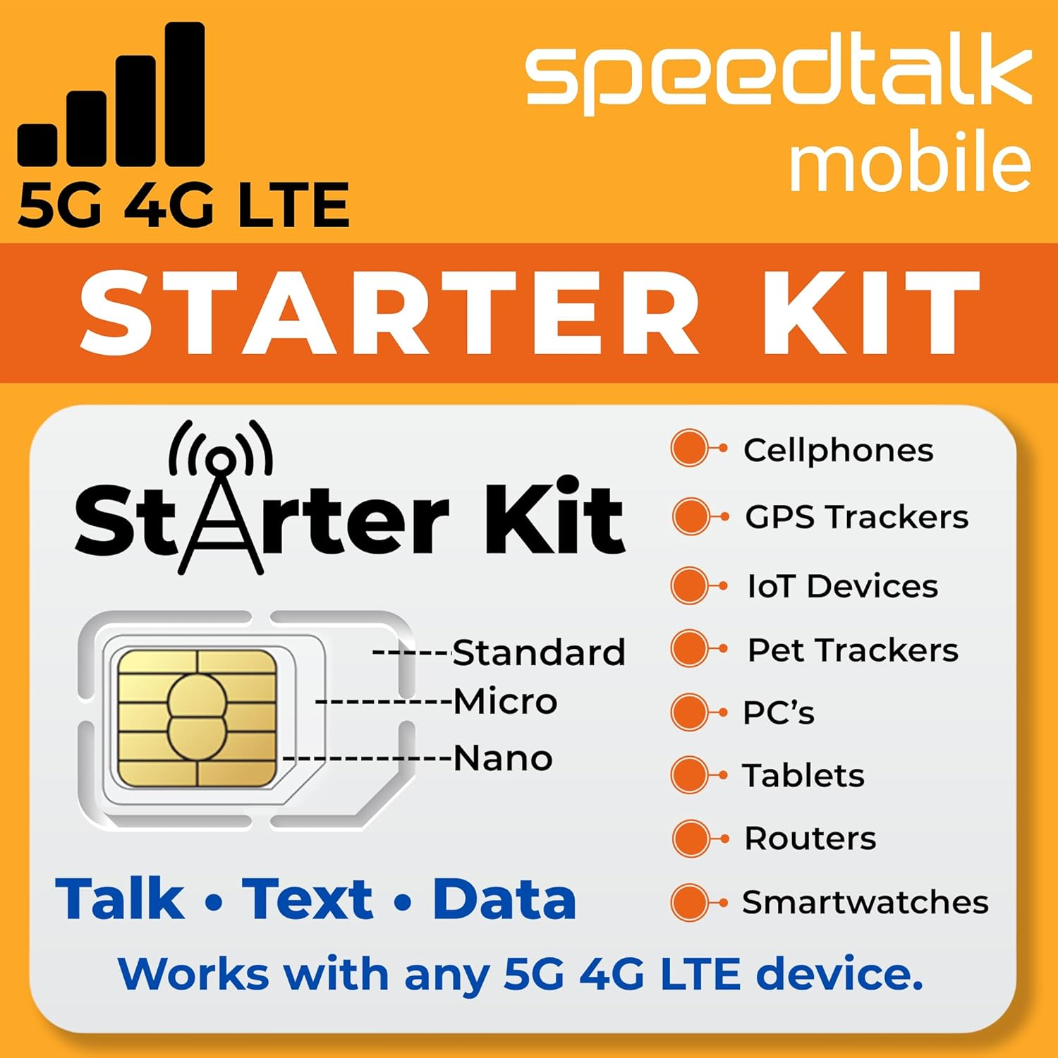 Prepaid 5G 4G LTE SIM Card Starter Kit - $5/Month Plans with Talk/Text/Data, 3-in-1 Sizes for Unlocked Smartphones, IoT, GPS Trackers, USA Nationwide Coverage