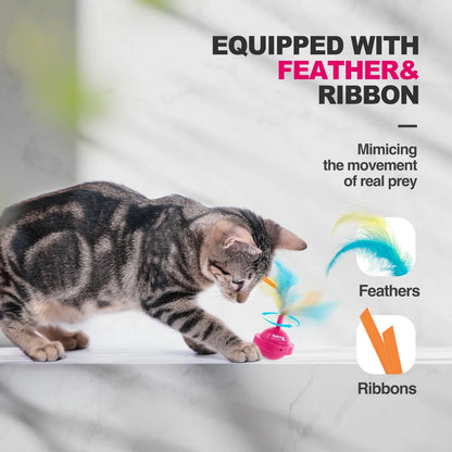 Interactive Cat Toys Ball, Automatic Feather Cat Teaser Toy for Indoor Kitty, USB Rechargeable, Pink