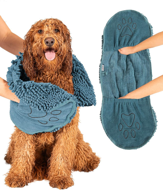 the Dirty Dog Shammy - Fast Drying Plush Shammy Towel with Dual Hand Pockets and Elastic - Super Absorbent Microfiber and Machine Washable - Pacific Blue