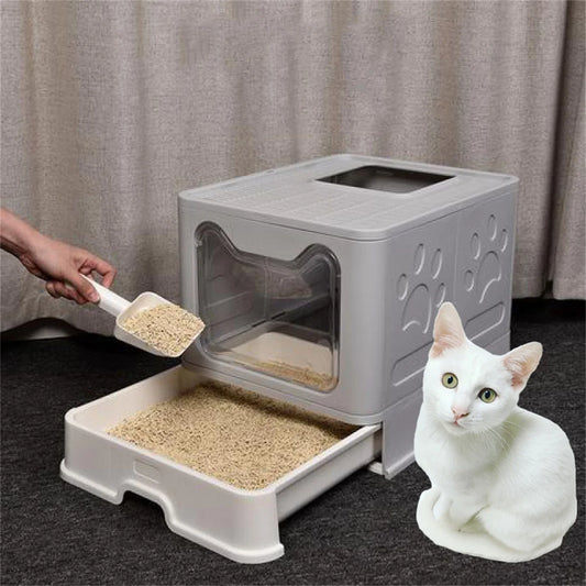 PetGadgetz XXL Foldable Front-Entry Top-Exit Cat Litter Box Extra-Large Odor-Lock Tray System with Scoop – Spacious Privacy Palace for Cats up to 22 lbs