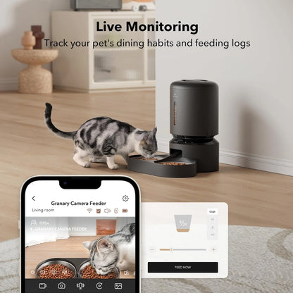 Granary Automatic Two Cat with Camera Cat & Dog Feeder + 3 Pet Food Desiccant Bags, 5-L, Black