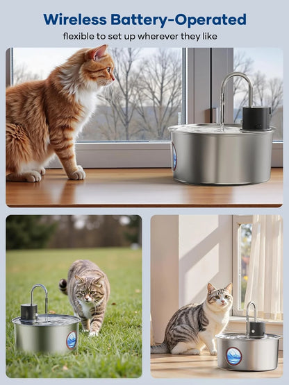 Tomxcute 108Oz/3.2L Wireless Cat Water Fountain, Cordless Stainless Steel Cat Drinking Fountain, Rechargeable Fountain with Sensor Timer for Cats