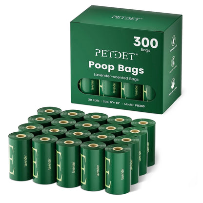 Dog Poop Bags - 300 Count, Extra Thick Waste Bags for Pets, Lavender Scented, 1 Dispenser, Green