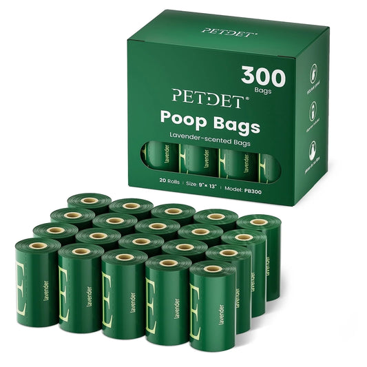 Dog Poop Bags - 300 Count, Extra Thick Waste Bags for Pets, Lavender Scented, 1 Dispenser, Green