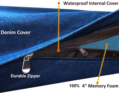 Luxury XXL Orthopedic Memory Foam Dog Bed for Extra Large Dogs with Durable Waterproof Internal Case, Removable Washable Denim Cover and Bonus Pet Bed Spare Cover, 55X37X4 Inches, Blue